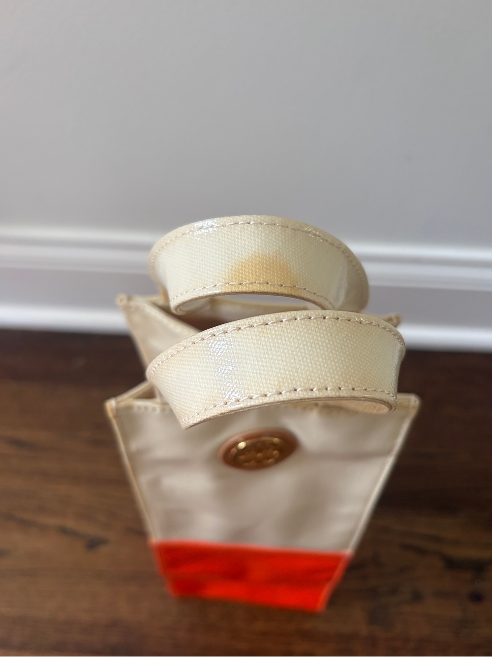 Tory Burch Two-Tone Cream and Orange Slim wine Tote with gold accents - Picture 7 of 7